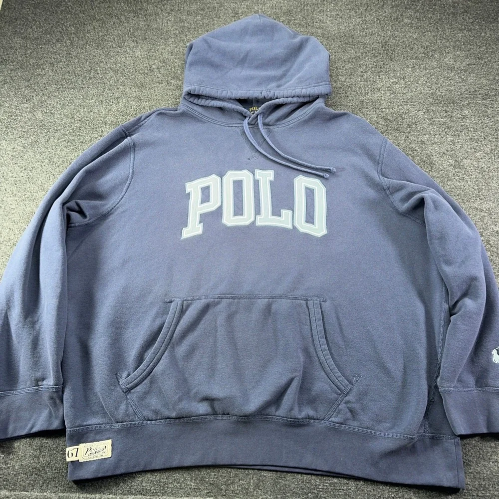 Polo Ralph Lauren Mens XXL Blue Applique Logo Fleece Hoodie Sweatshirt Big Pony